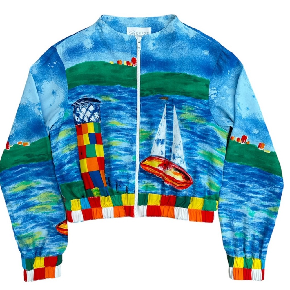 Breeze by Dorothy Schoelen colorful nautical all over print zip up crop jacket S